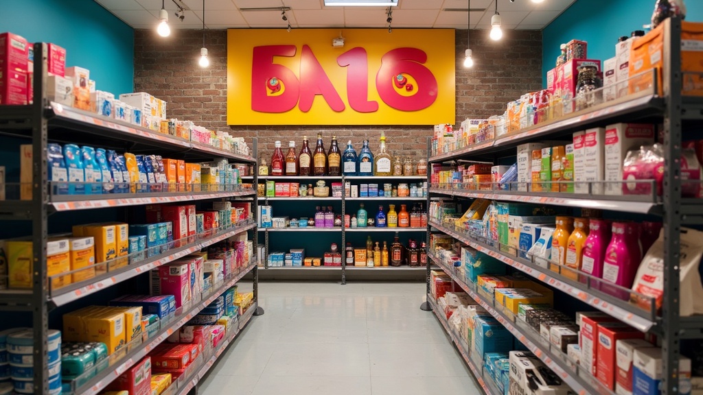 A bright retail store shelf showcasing discounted products with colorful sale tags.
