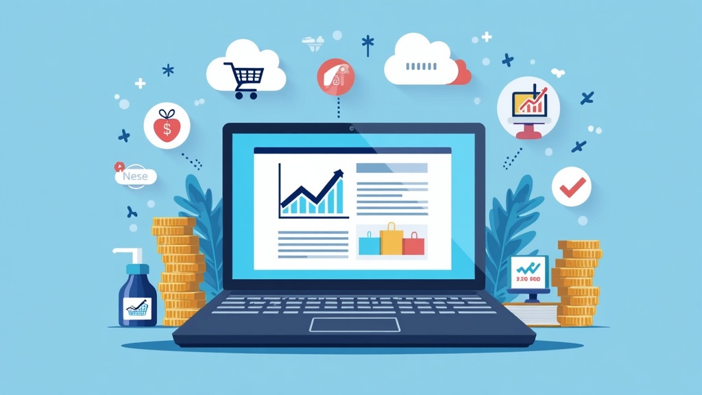 A collage of affiliate product icons, web pages with graphs, and digital marketing elements – representing online affiliate marketing.