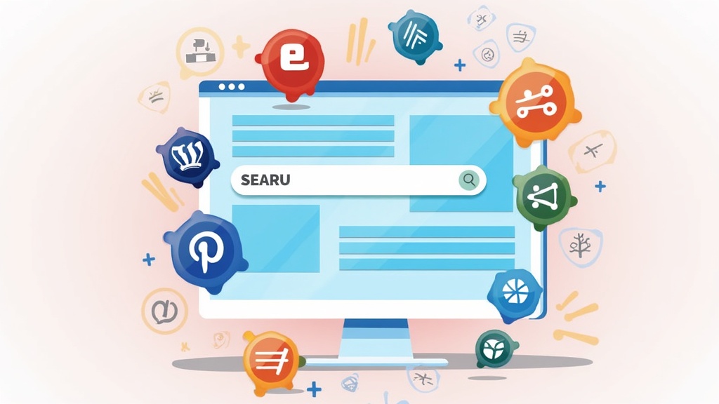 A colorful graphic showing a computer screen with various domain name extensions and a search bar, surrounded by planting symbolic ideas of websites or brands.