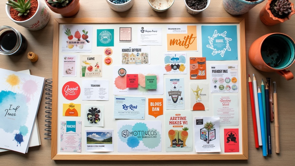 A colorful mood board featuring various branding elements and design inspirations, arranged on a desk with art supplies and craft materials.