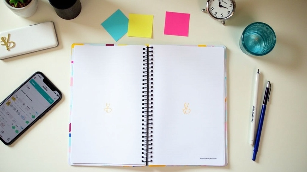 A desk with a calendar, color-coded planner, sticky notes, clock, and a cup of coffee on the side; bright natural lighting.