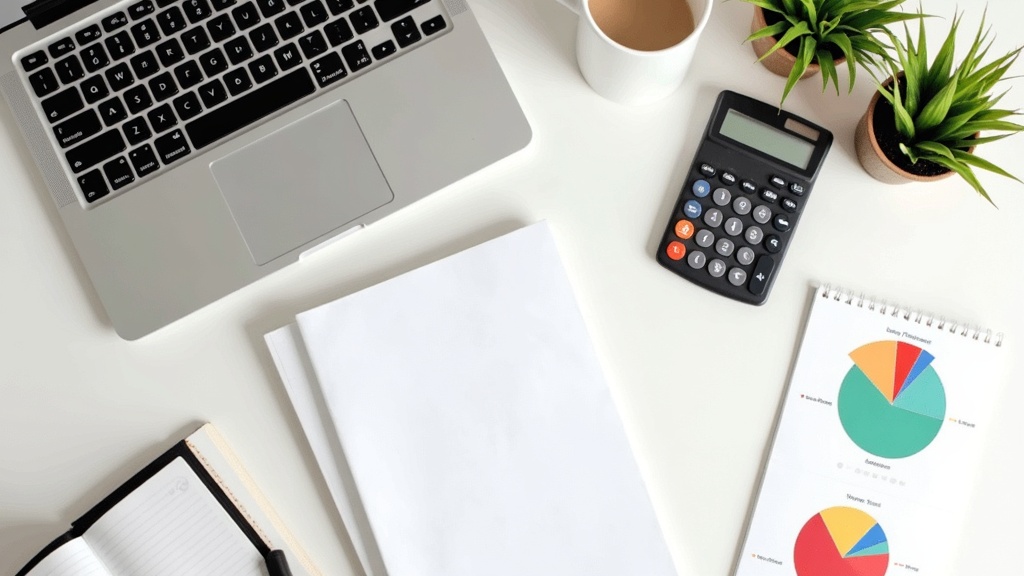 A graphic illustration showing a tidy desk workspace, with a laptop, notepad, calculator, and colorful pie charts for budgeting. A mug and several small potted plants add a cozy touch.