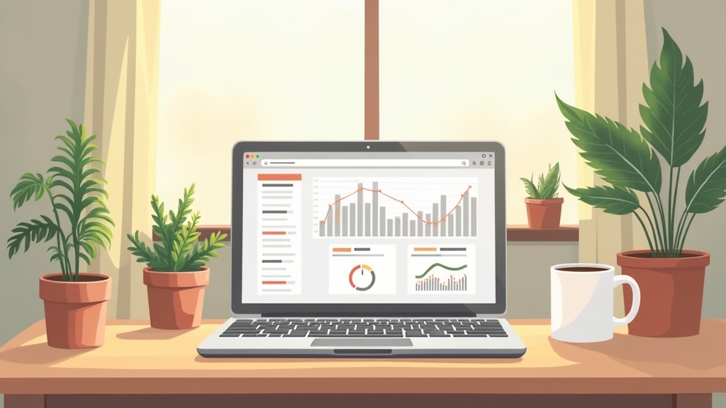 A laptop with graphs and analytics displayed on the screen, sitting beside a notepad and a coffee mug on a cozy desk with plants.