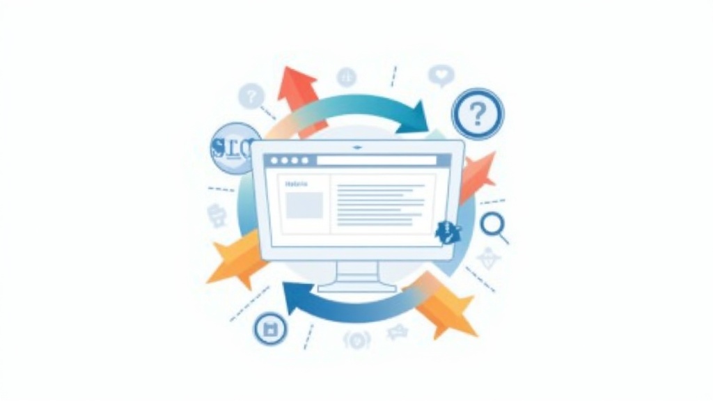 Abstract illustration of website elements and arrows showing search optimization concepts, no humans or text.