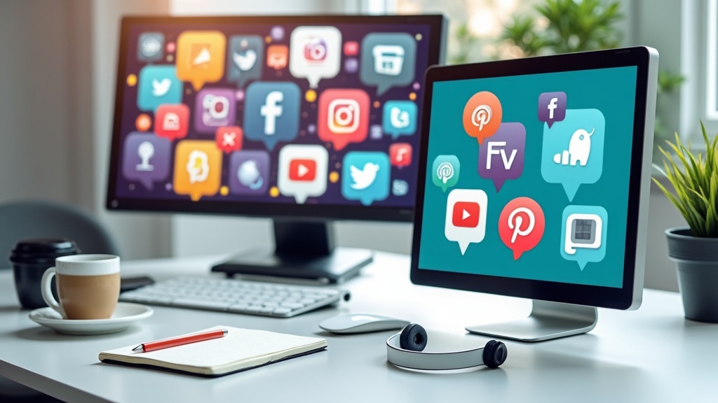 An array of digital devices displaying various social media icons, surrounded by business items like a notebook, coffee cup, and smartphone on a clean desk surface.