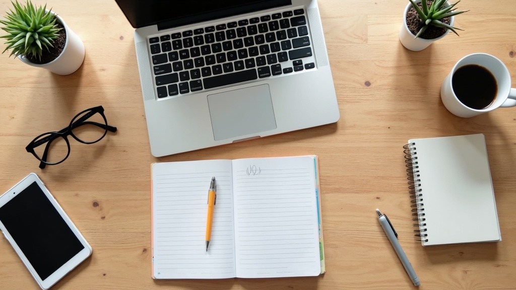 An overhead shot of a digital workspace with a laptop, notepad, coffee, and various office tools on a wooden desk. No people or text visible.