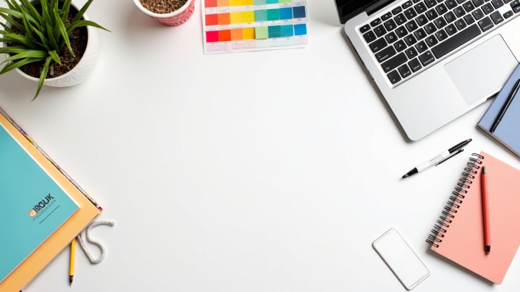 Colorful branding materials, notebooks, and logo sketches on a bright workspace