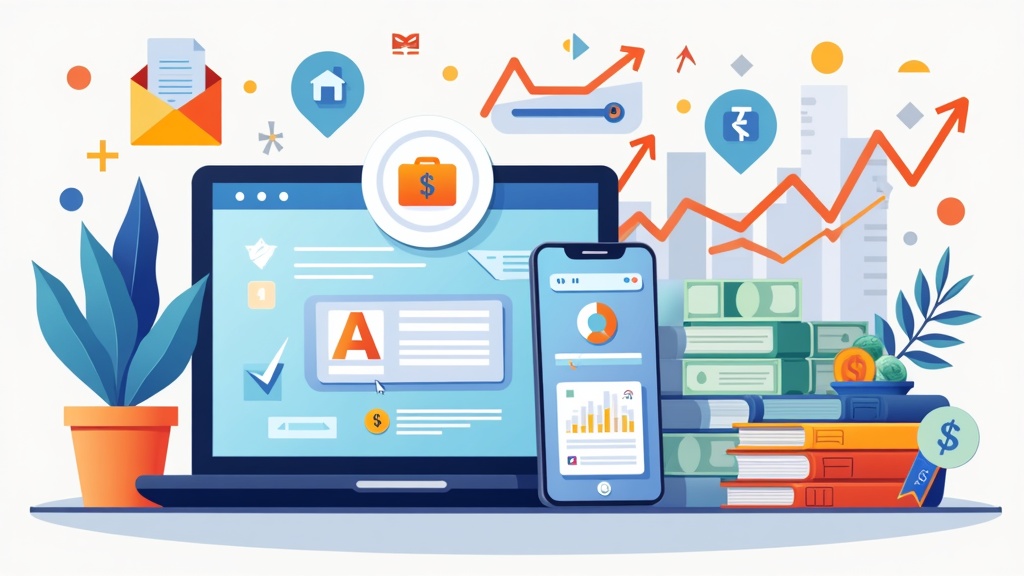 Colorful digital illustration of a laptop, smartphone, shopping icons, and money with bright arrows indicating affiliate marketing flow in a modern workspace
