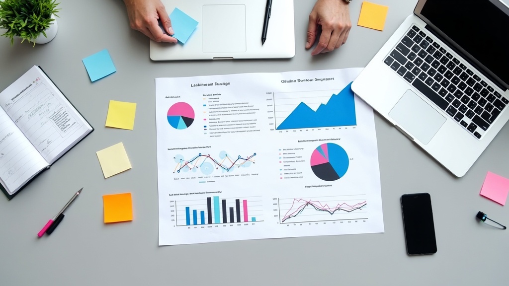Illustration of a digital business planning workspace with laptops, analytics charts, website sketches, and startup icons.