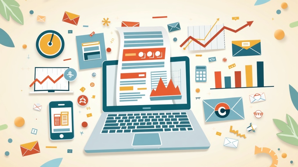 A laptop with colorful charts, envelopes, and marketing icons depicting email marketing in action
