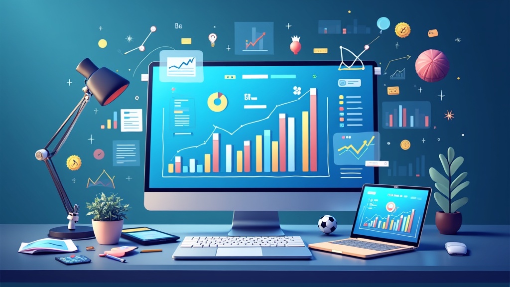 A visual representation of SEO strategies at work, showing digital elements like graphs, arrows, and website analytics dashboards on a vibrant, modern workspace background.