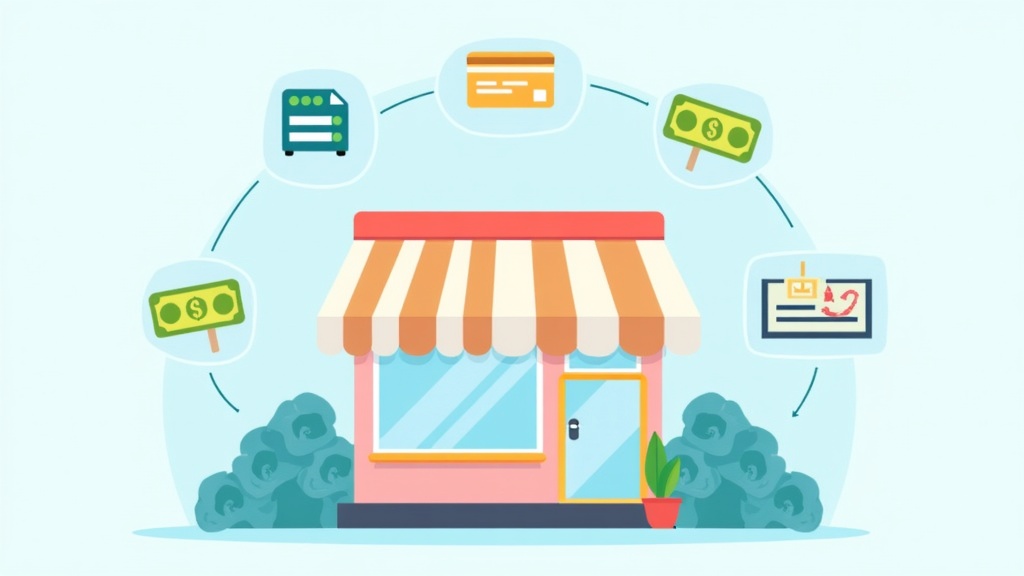 A visual showing small business revenue streams, financial icons, and online sales tools arranged around a storefront building