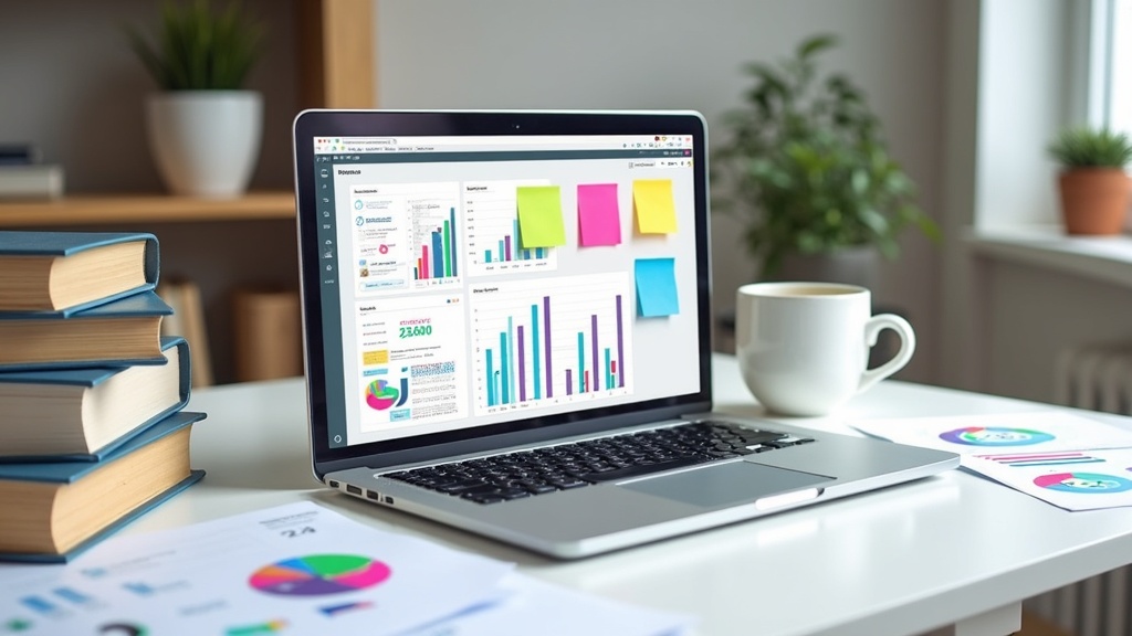 An organized desk with a laptop displaying charts and sticky notes, surrounded by notebooks and a cup of coffee
