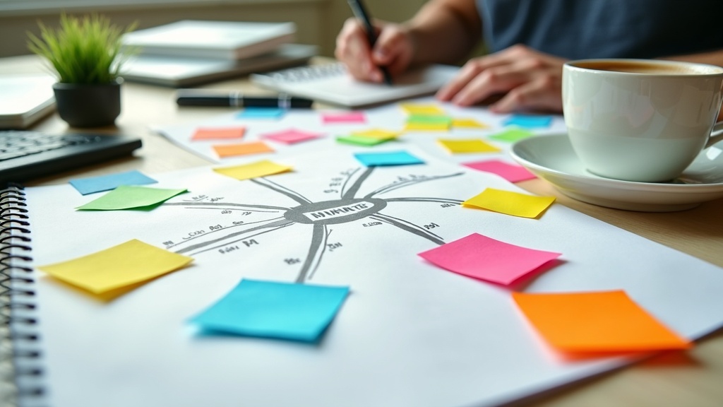 A notebook with a brainstorming mind map, colorful sticky notes, and a cup of coffee, surrounded by plants and digital gadgets on a wooden desk.