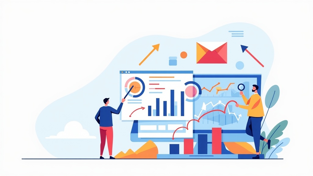 A colorful abstract illustration representing marketing analytics with charts, graphs, and digital devices