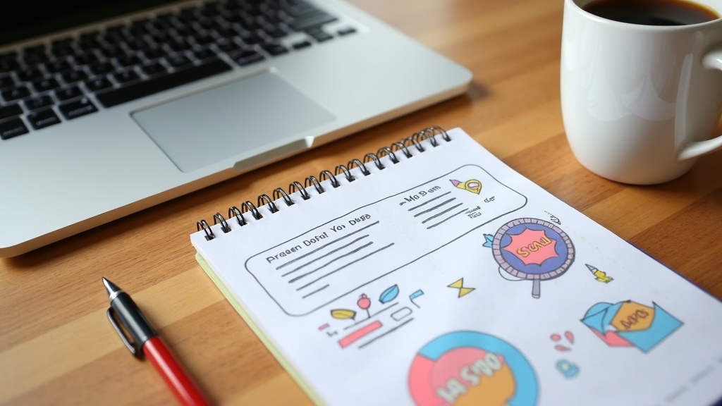 A colorful flatlay of a laptop, notepad with email graphics, and coffee cup on a wooden desk