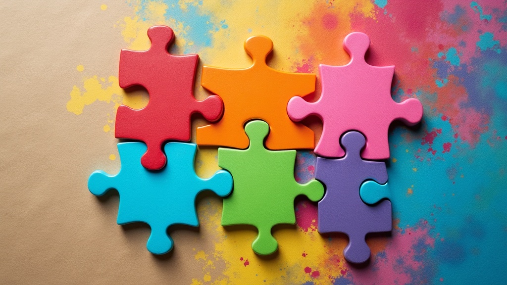A top-down view of colorful puzzle pieces fitting perfectly together on a textured background