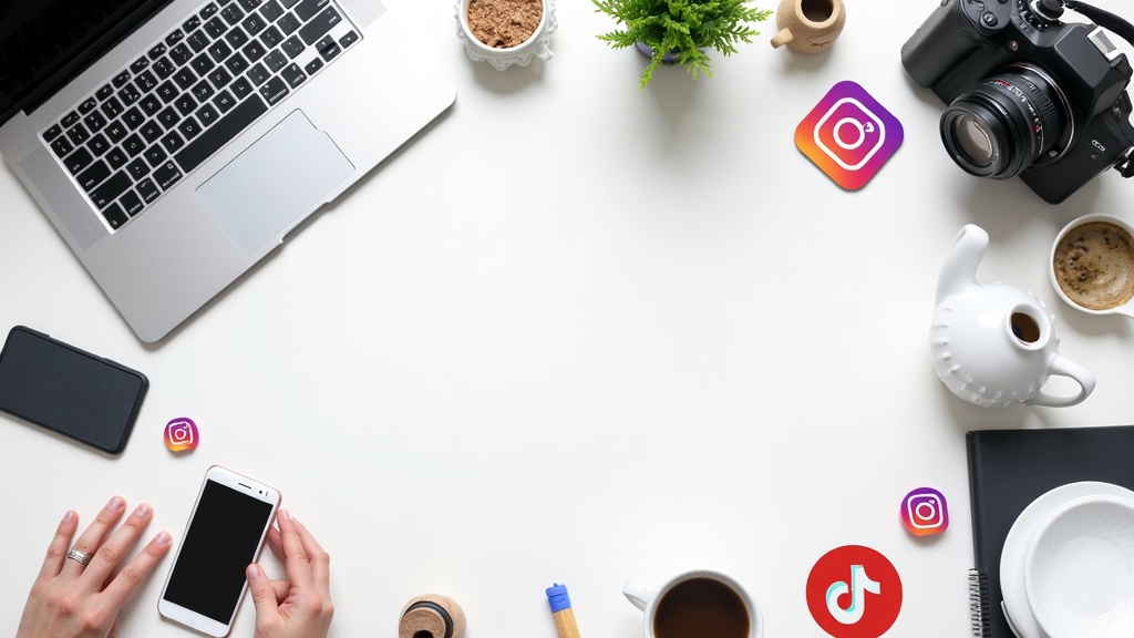 A vibrant flat lay of a laptop, smartphone, and digital camera on a modern desk, surrounded by colorful icons representing social media platforms and marketing analytics.