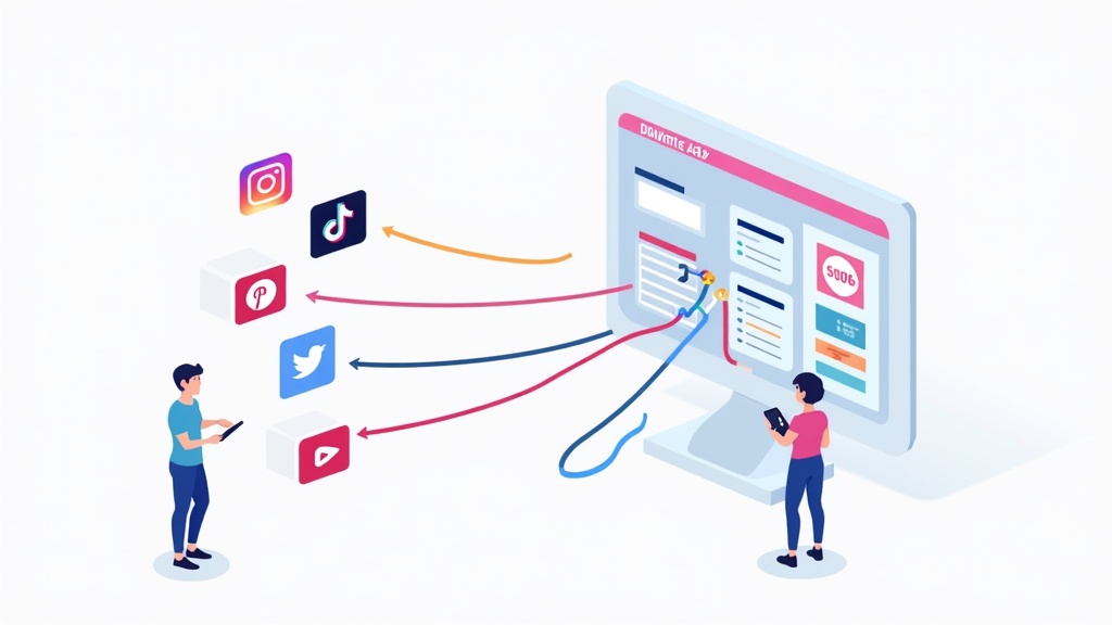 An illustration showing social media icons (Facebook, Instagram, YouTube, TikTok, Pinterest) connected by arrows to web traffic analytics, representing how social media drives affiliate traffic.