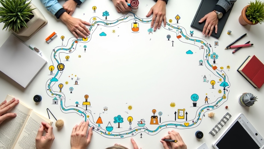 Illustration of branding elements mingled with book pages and creative storytelling symbols.