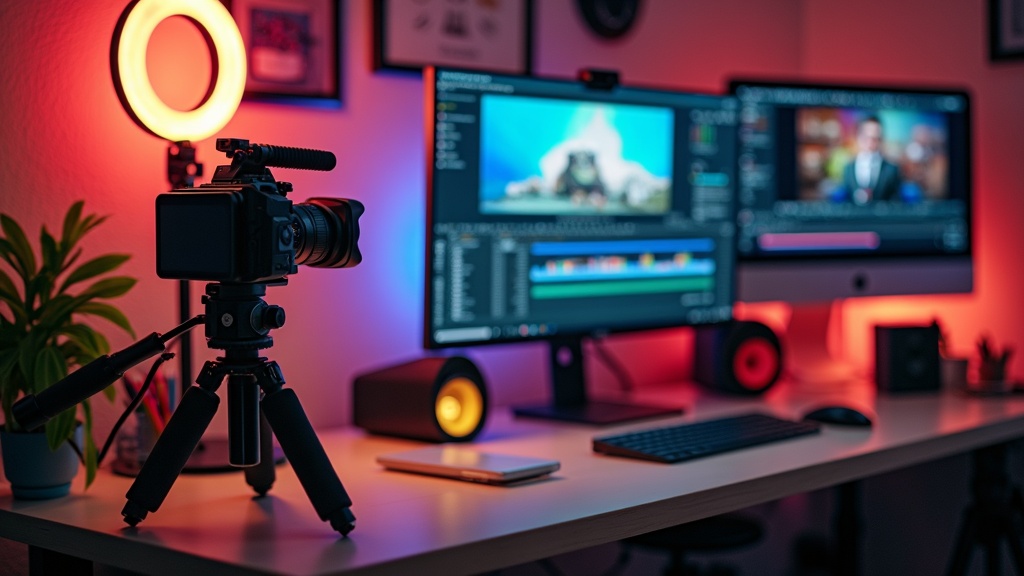 Colorful workspace with a camera, tripod, and video editing setup.