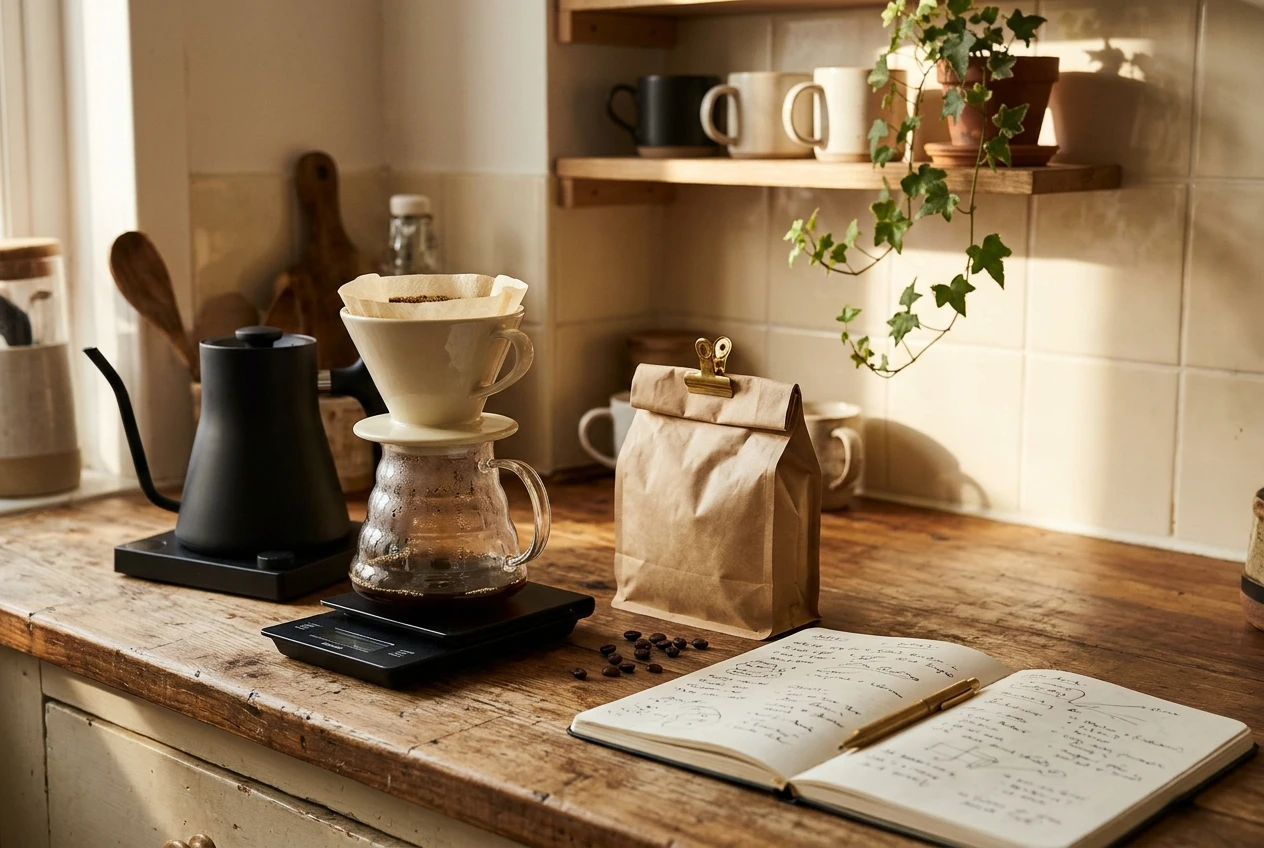 A small home coffee brewing corner on a wooden kitchen counter: a pour-over dripper on a glass server, a gooseneck kettle, a bag of beans and a notebook with handwritten article ideas, lit by soft morning window light in warm browns and cream.