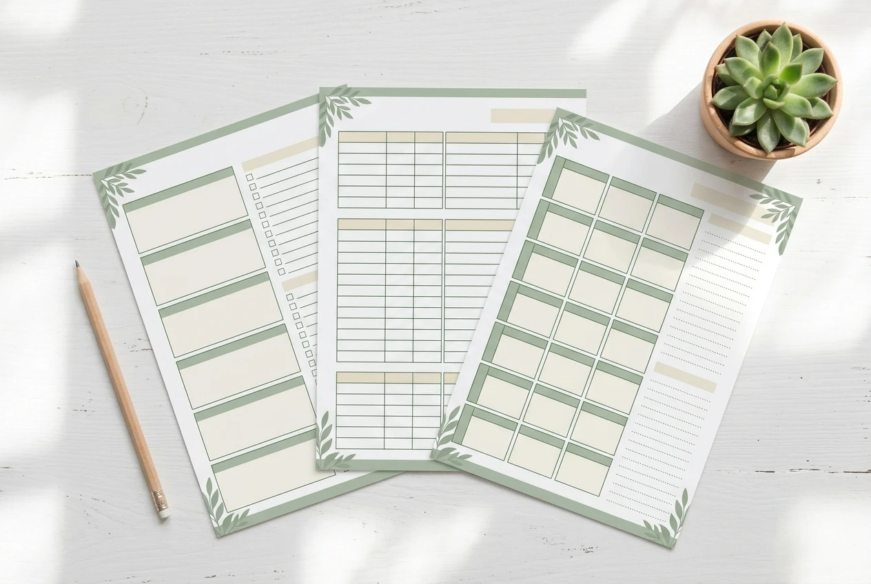 A flat-lay of printed template pages fanned out on a white desk: a weekly planner, a budget tracker and a meal plan sheet in a consistent soft sage green and cream style, with a pencil and a small potted plant beside them in bright daylight.