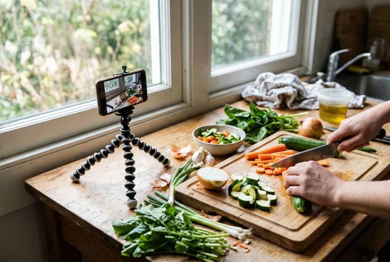 A phone propped on a small tripod in front of a window, filming a pair of hands chopping vegetables for a quick budget meal on a kitchen counter, natural daylight, bright greens and oranges.