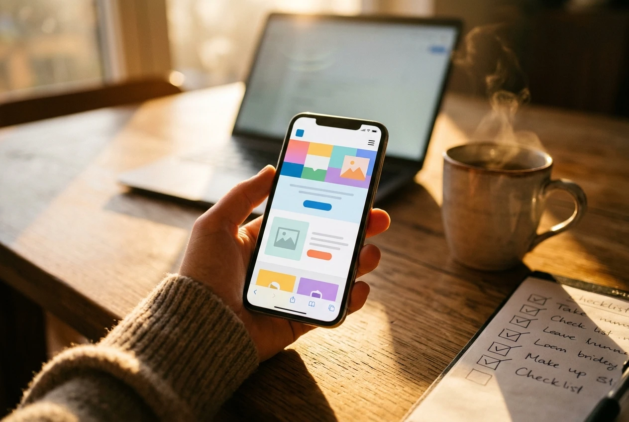 A hand holding a smartphone showing a freshly launched simple website, with a laptop, a mug of tea and a handwritten weekend checklist with ticked boxes blurred on a sunlit table on a Sunday evening, warm golden light.
