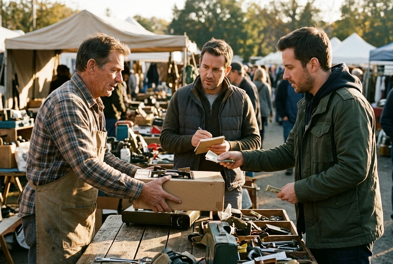 Three people at a wooden outdoor market table in warm afternoon light: a seller handing over a boxed camping stove, a buyer in a green jacket paying, and a third person in between holding a small notebook, suggesting the middleman who earns a cut without touching the goods.