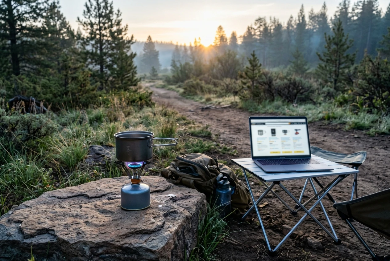 A beginner-friendly camping stove glowing blue-flame on a flat rock beside a trail at dawn, with a laptop open on a nearby folding table showing a soft-focus product comparison page, tying the search-to-purchase journey to a real product.