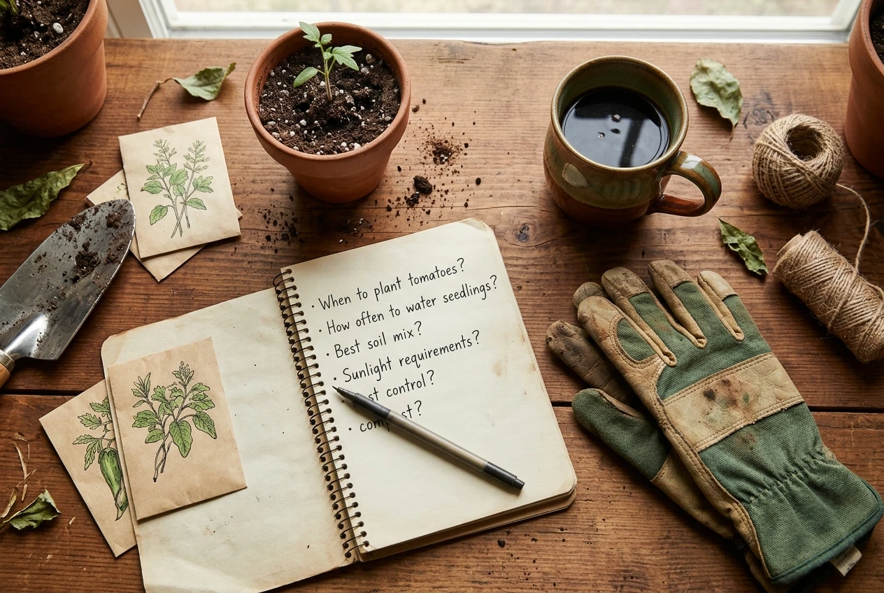 A flat-lay on a desk of a hand-written list of gardening questions in a notebook, a small potted seedling, a mug of coffee and a pair of gardening gloves, lit by soft window light in greens and warm browns.