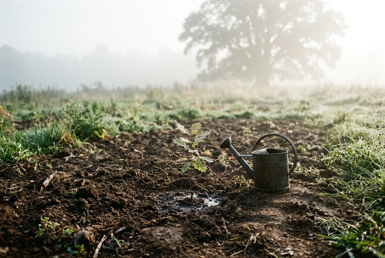 A young oak sapling planted in a tilled garden bed with fresh soil, a watering can beside it, and a full-grown tree faintly visible far behind in morning mist, conveying slow growth before any harvest.